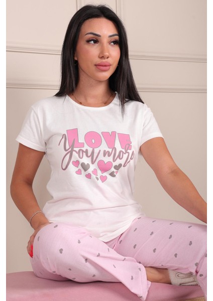 Kadın Love Sloganlı Bisiklet Yaka Kısa Kol Altı Uzun Penye Pijama Takımı