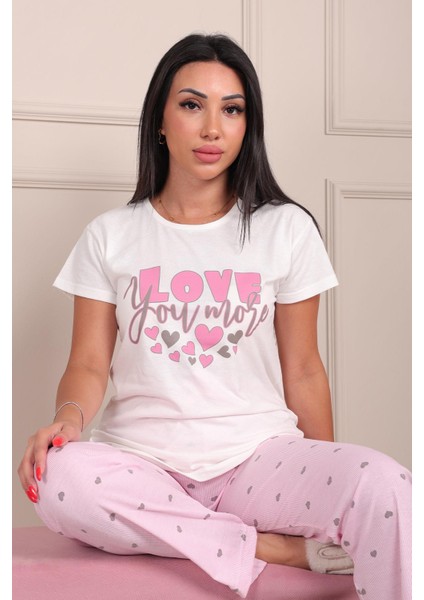 Kadın Love Sloganlı Bisiklet Yaka Kısa Kol Altı Uzun Penye Pijama Takımı modelleri