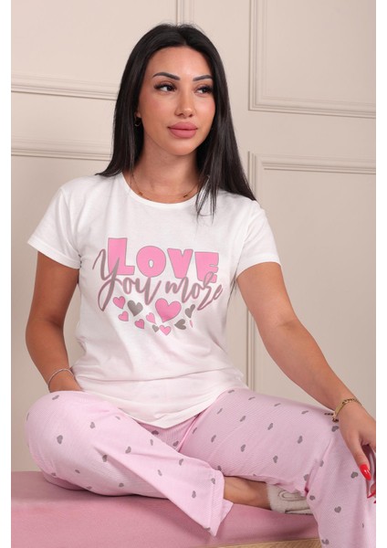 Kadın Love Sloganlı Bisiklet Yaka Kısa Kol Altı Uzun Penye Pijama Takımı fırsatları