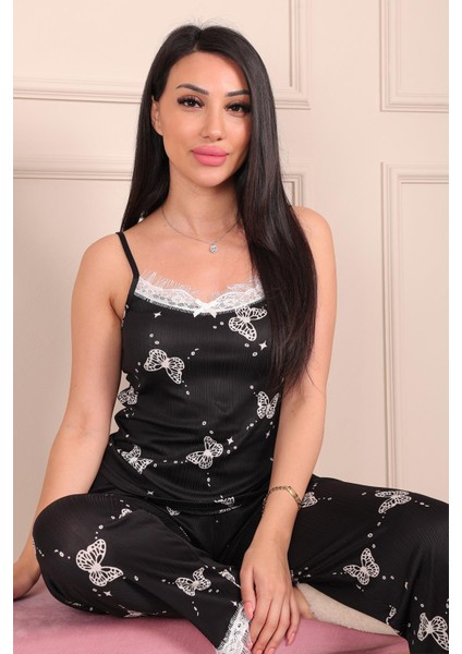 Kadın Kelebek Desenli Ip Askılı Altı Uzun Pegasus Pijama Takımıı Siyah