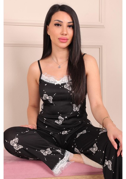 Kadın Kelebek Desenli Ip Askılı Altı Uzun Pegasus Pijama Takımıı Siyah modelleri