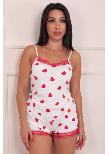 Kadın Kalp Desenli Şortlu Pegasus Pijama Takım Beyaz