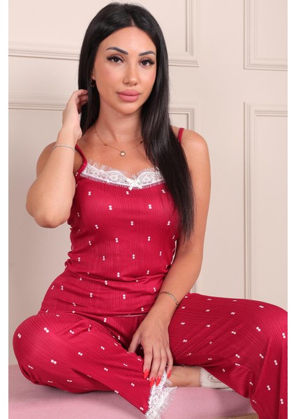 Kadın Iki Nokta Desenli Ip Askılı Altı Uzun Pegasus Pijama Takımı Bordo fiyatları