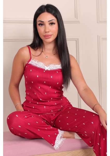 Kadın Iki Nokta Desenli Ip Askılı Altı Uzun Pegasus Pijama Takımı Bordo modelleri