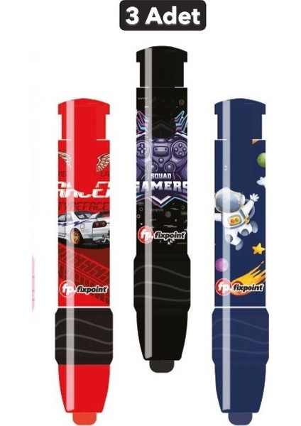 Fixpoint -3 Adet- Otomatik Pastel Araba Astronot Konsol Temalı Erkek Seti Roket Silgi (P-1307)