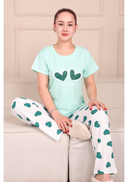 Kadın Kalp Baskılı Sloganlı Kısa Kol Altı Uzun Penye Pijama Takımı Turkuaz
