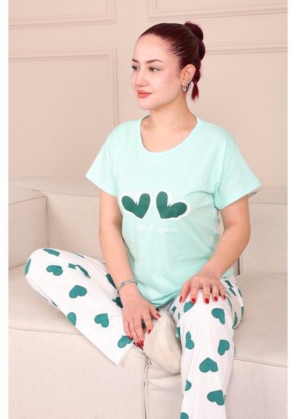 Kadın Kalp Baskılı Sloganlı Kısa Kol Altı Uzun Penye Pijama Takımı Turkuaz fiyatları