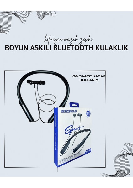 Polygold PG-100 Boyun Askılı Kablosuz Kulaklık – 200 Saat Bekleme Süresi, Stereo Ses, Mikrofonlu
