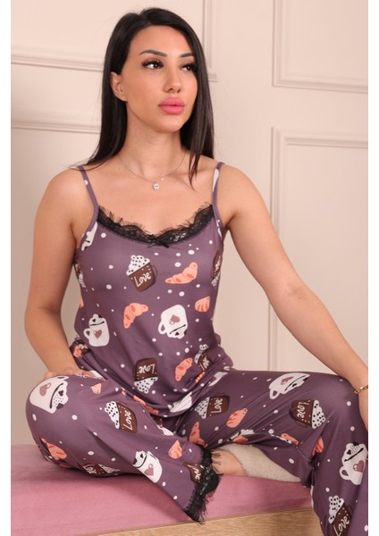 Kadın Ip Askılı Altı Uzun Kahve ve Kruvasan Desenli Milan Kumaş Pijama Takımı Kahverengi