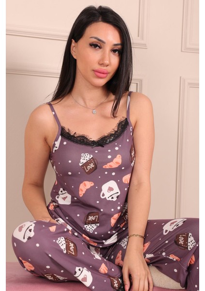 Kadın Ip Askılı Altı Uzun Kahve ve Kruvasan Desenli Milan Kumaş Pijama Takımı Kahverengi fırsatları