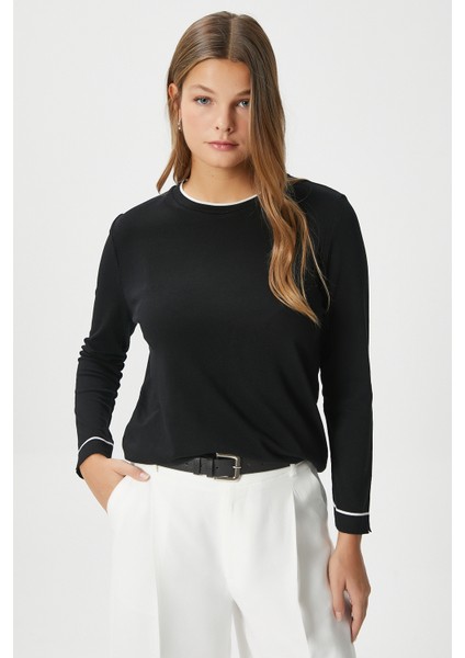 Kadın Luxe Contrast Siyah Bisiklet Yaka Viskon Triko Kazak