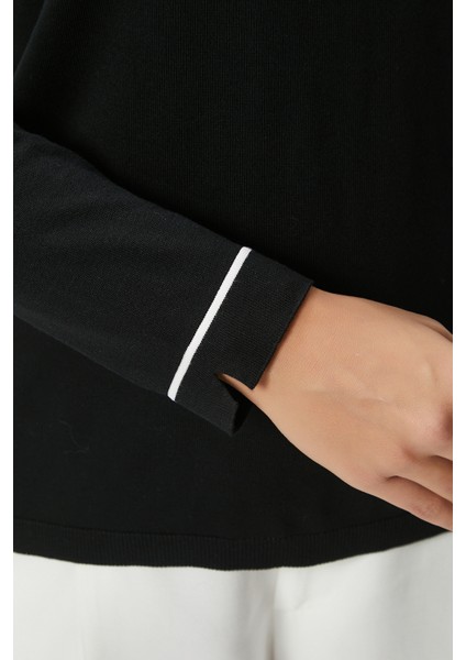 Kadın Luxe Contrast Siyah Bisiklet Yaka Viskon Triko Kazak