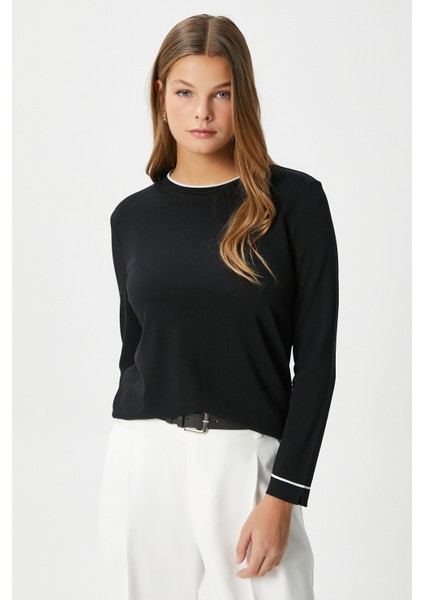 Kadın Luxe Contrast Siyah Bisiklet Yaka Viskon Triko Kazak