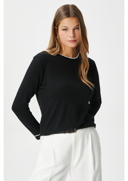 Kadın Luxe Contrast Siyah Bisiklet Yaka Viskon Triko Kazak