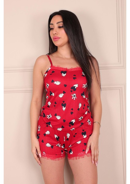 Kalp ve El Desenli Ip Askılı Şortlu Pegasus Pijama Takımı Kırmızı