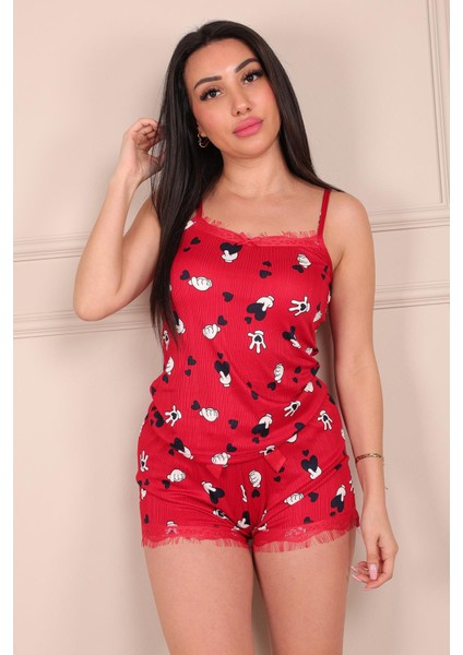 Kalp ve El Desenli Ip Askılı Şortlu Pegasus Pijama Takımı Kırmızı fiyatları