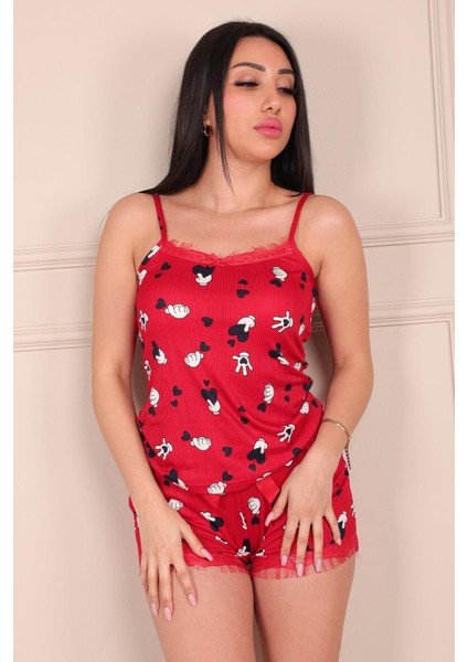 Kalp ve El Desenli Ip Askılı Şortlu Pegasus Pijama Takımı Kırmızı modelleri