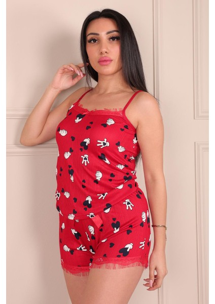 Kalp ve El Desenli Ip Askılı Şortlu Pegasus Pijama Takımı Kırmızı fırsatları