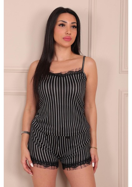 Çizgi Desenli Ip Askılı Şortlu Pegasus Pijama Takımı Siyah fırsatları