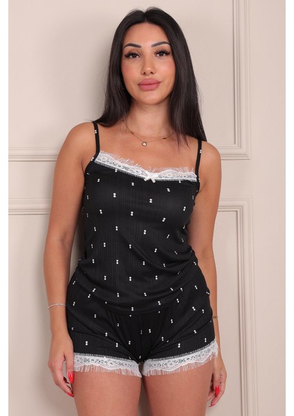 Kadın Iki Nokta Desenli Ip Askılı Şortlu Pegasus Pijama Takımı Siyah