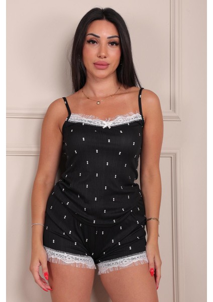 Kadın Iki Nokta Desenli Ip Askılı Şortlu Pegasus Pijama Takımı Siyah fiyatları