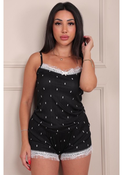 Kadın Iki Nokta Desenli Ip Askılı Şortlu Pegasus Pijama Takımı Siyah modelleri