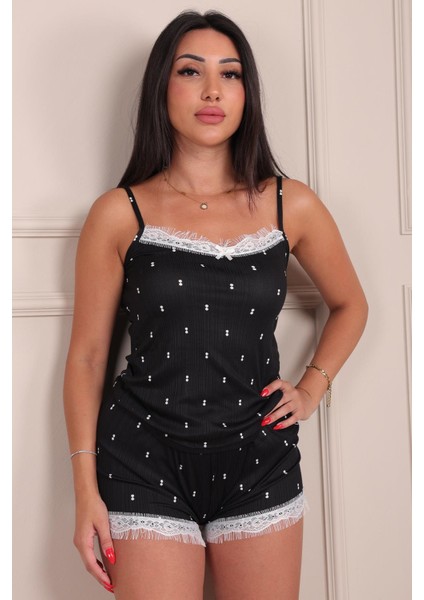 Kadın Iki Nokta Desenli Ip Askılı Şortlu Pegasus Pijama Takımı Siyah fırsatları