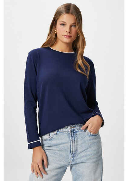 Kadın Luxe Contrast Lacivert Bisiklet Yaka Viskon Triko Kazak