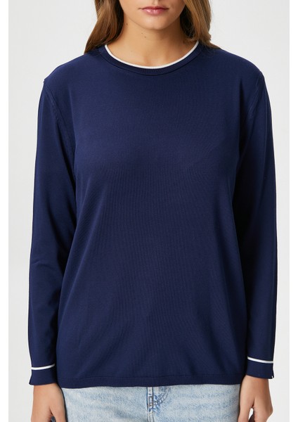 Kadın Luxe Contrast Lacivert Bisiklet Yaka Viskon Triko Kazak fiyatları