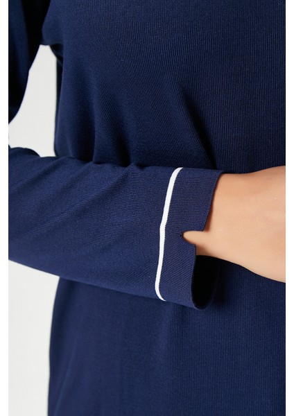 Kadın Luxe Contrast Lacivert Bisiklet Yaka Viskon Triko Kazak modelleri