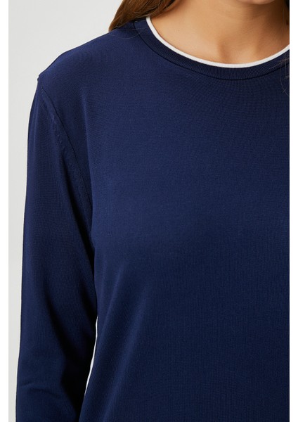 Kadın Luxe Contrast Lacivert Bisiklet Yaka Viskon Triko Kazak indirimleri