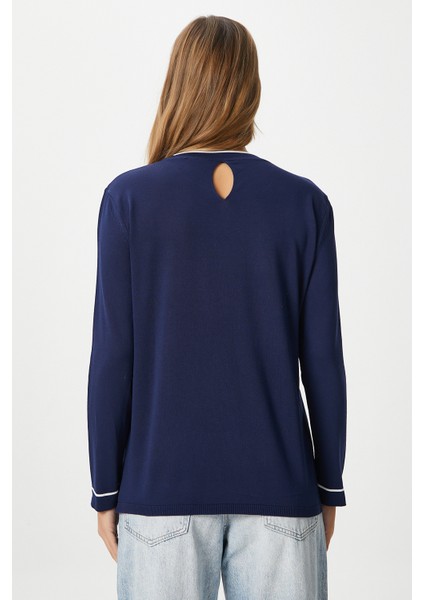 Kadın Luxe Contrast Lacivert Bisiklet Yaka Viskon Triko Kazak