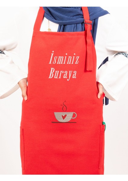 Mutfak Önlüğü Kişiye ve İsme Özel Nakışlı Mutfak Önlüğü Kalpli Kupa Farklı Renkler