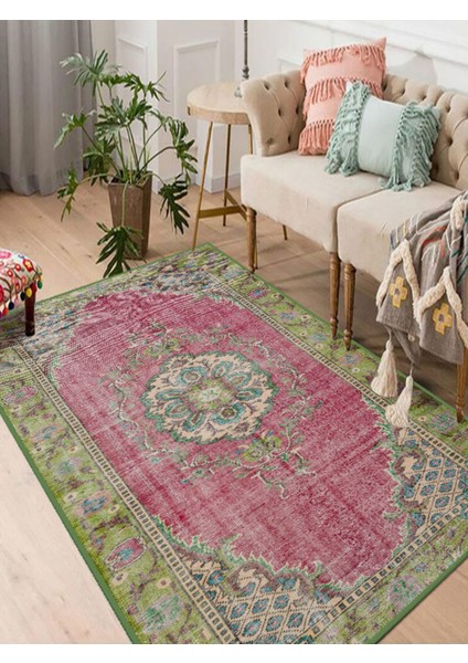 Vitage Yeşil Pempe Çiçek Desenli Eskitme Model Dokuma Taban Kilim