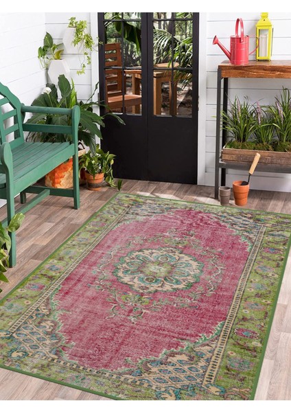 Vitage Yeşil Pempe Çiçek Desenli Eskitme Model Dokuma Taban Kilim fiyatları