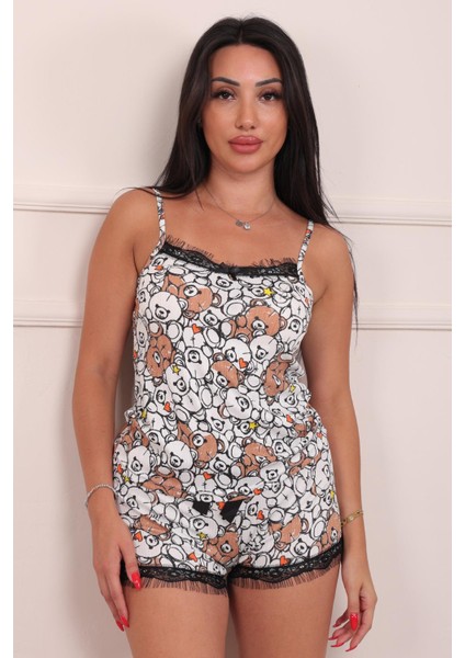 Kadın Ayıcık Desenli Şortlu Pegasus Pijama Takım Beyaz