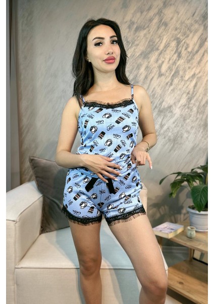 Kahve Desenli Ip Askılı Şortlu Pegasus Pijama Takımı Mavi