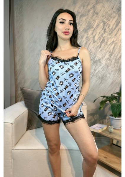 Kahve Desenli Ip Askılı Şortlu Pegasus Pijama Takımı Mavi fiyatları