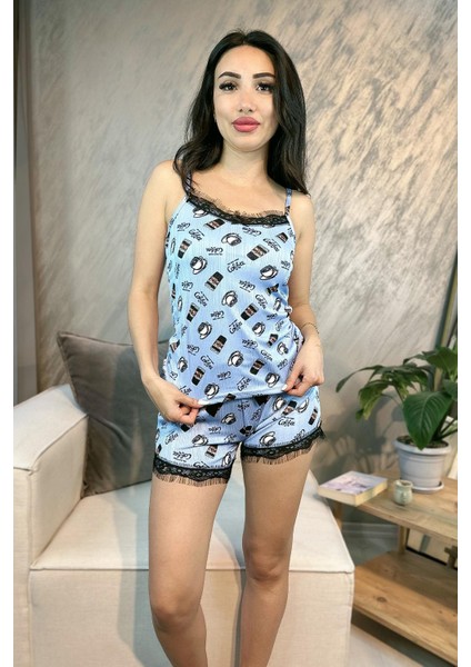 Kahve Desenli Ip Askılı Şortlu Pegasus Pijama Takımı Mavi modelleri