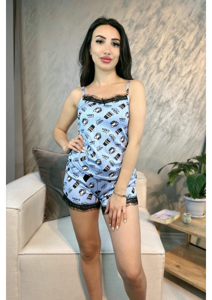 Kahve Desenli Ip Askılı Şortlu Pegasus Pijama Takımı Mavi fırsatları