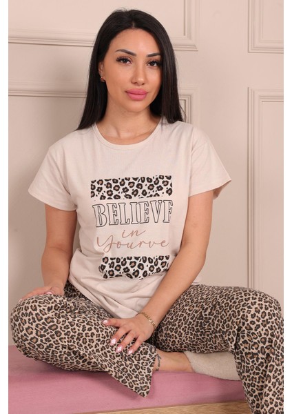 Kadın Believe Sloganlıleopar Desenli Kısa Kol Altı Uzun Penye Pijama Takımı Leopar