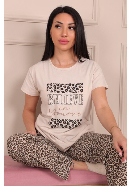 Kadın Believe Sloganlıleopar Desenli Kısa Kol Altı Uzun Penye Pijama Takımı Leopar modelleri