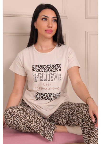 Kadın Believe Sloganlıleopar Desenli Kısa Kol Altı Uzun Penye Pijama Takımı Leopar fırsatları
