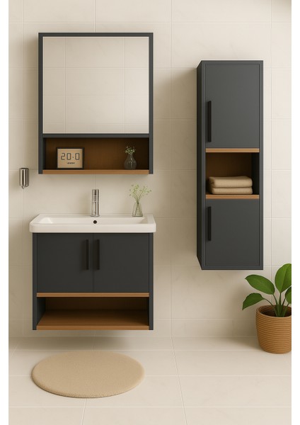 Legna 80 cm Antrasit-Ahşap Renkli, Seramik Lavabolu, Alt - Üst ve Boy Dolaplı Tamamı Mdf Banyo Dolabı Seti