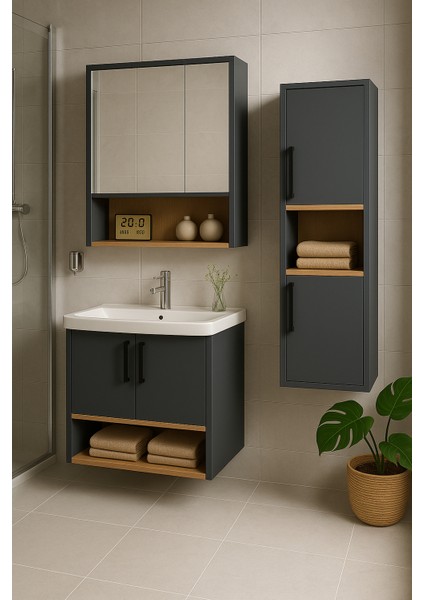 Legna 80 cm Antrasit-Ahşap Renkli, Seramik Lavabolu, Alt - Üst ve Boy Dolaplı Tamamı Mdf Banyo Dolabı Seti fiyatları