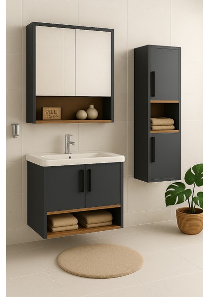 Legna 80 cm Antrasit-Ahşap Renkli, Seramik Lavabolu, Alt - Üst ve Boy Dolaplı Tamamı Mdf Banyo Dolabı Seti modelleri