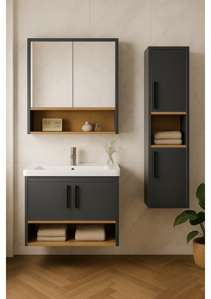 Legna 80 cm Antrasit-Ahşap Renkli, Seramik Lavabolu, Alt - Üst ve Boy Dolaplı Tamamı Mdf Banyo Dolabı Seti fırsatları