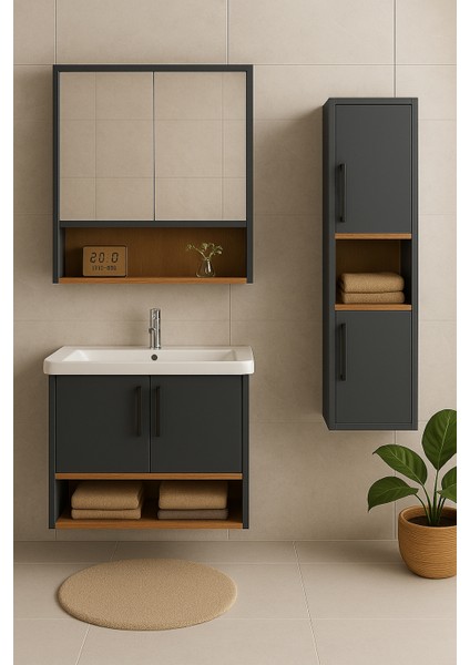 Legna 80 cm Antrasit-Ahşap Renkli, Seramik Lavabolu, Alt - Üst ve Boy Dolaplı Tamamı Mdf Banyo Dolabı Seti indirimleri