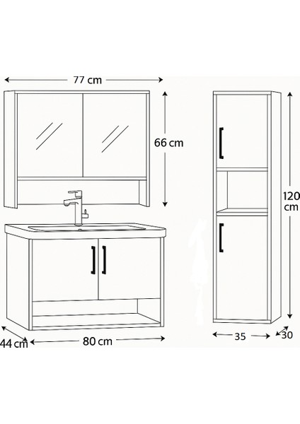 Legna 80 cm Antrasit-Ahşap Renkli, Seramik Lavabolu, Alt - Üst ve Boy Dolaplı Tamamı Mdf Banyo Dolabı Seti