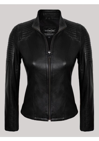 Hakiki Kuzu Derisi Siyah Omuzdan Düz Çizgi Desenli Kadın Deri Mont